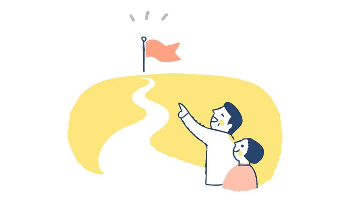 Ein Teil Herzklopfen und ein Teil Unsicherheit machen die Vorfreude aus Zeichnung zweier Menschen, die auf ein Ziel deuten