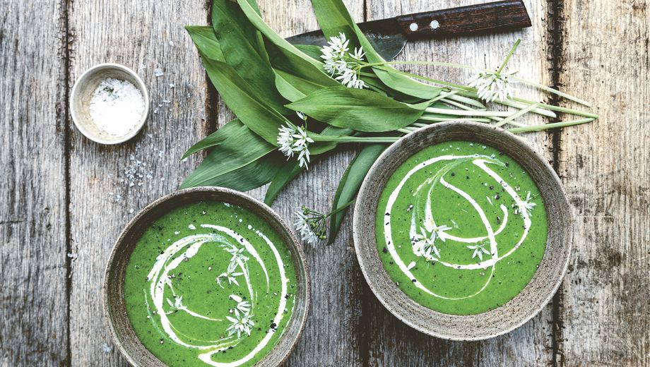 Bärlauch neben zwei Schälchen mit grüner Bärlauch-Spinat-Suppe verfeinert mit Sahne